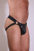 Male model in a handmade, black elastic and leather jockstrap