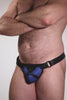 Video of a model wearing a black leather thong with a blue harness codpiece. Matt black hardware