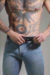 1.5" wide black men's leather belt with stainless steel buckle