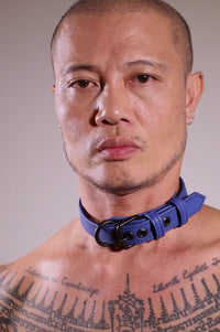 Model removing a 1" wide  blue leather collar