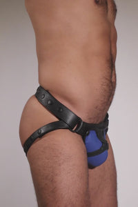 Model wearing an ARMY OF MEN blue and black leather jockstraps, shown from multiple angles.