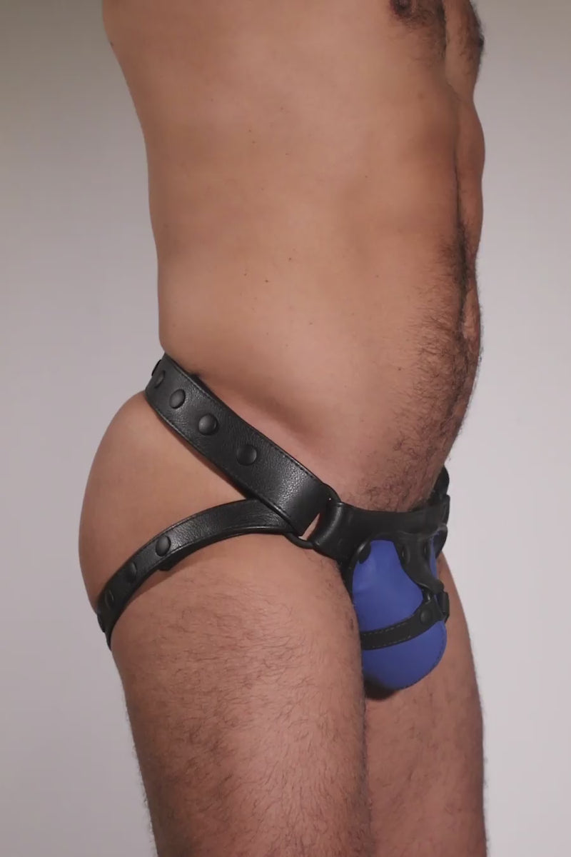 Model wearing an ARMY OF MEN blue and black leather jockstraps, shown from multiple angles.