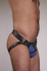 Model wearing an ARMY OF MEN blue and black leather jockstraps, shown from multiple angles.