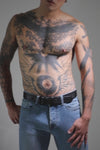 1.5" wide black men's leather belt with double stitching detail and matt black buckle and hardware