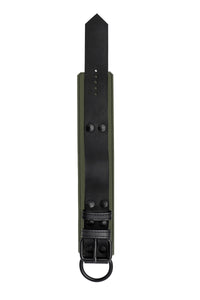 ARMY OF MEN 2.25" wide ANKLE RESTRAINTS - Army Green with matte black hardware, laid flat and captured from above.