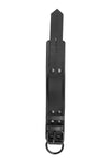 ARMY OF MEN 2.25" wide ANKLE RESTRAINTS - Black with matte black buckle and D-ring, laid flat and viewed from above.