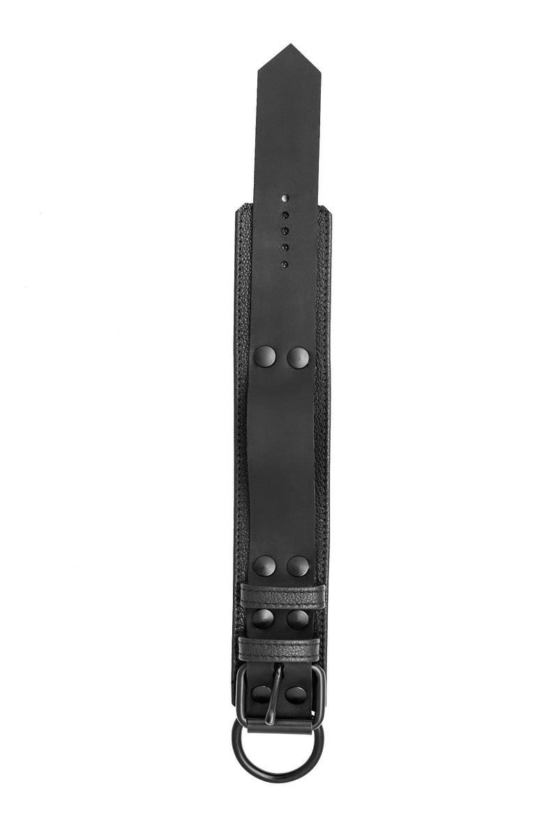 ARMY OF MEN 2.25" wide ANKLE RESTRAINTS - Black with matte black buckle and D-ring, laid flat and viewed from above.