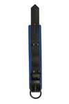 Overhead view of a 2.25" wide ARMY OF MEN black and blue leather restraint with matte black metal buckle and D-ring.