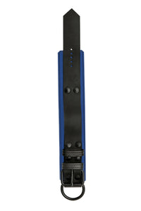 Overhead view of a 2.25" wide ARMY OF MEN black and blue leather restraint with matte black metal buckle and D-ring.