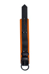 ARMY OF MEN 2.25" wide ANKLE RESTRAINTS - Orange with matte black metal hardware, laid flat and viewed from above.