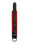 ARMY OF MEN 2.25" wide ANKLE RESTRAINTS - Red with matte black rivets, buckle, and D-ring, laid flat and shot from above.