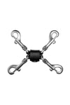 An ARMY OF MEN 4-way connector, made from 1" wide black veg tan leather straps and four stainless steel swivel snap hook.