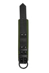 ARMY OF MEN 2.25" wide black and army green leather wrist restraint with black hardware, laid flat and captured from above.