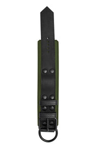 ARMY OF MEN 2.25" wide black and army green leather wrist restraint with black hardware, laid flat and captured from above.