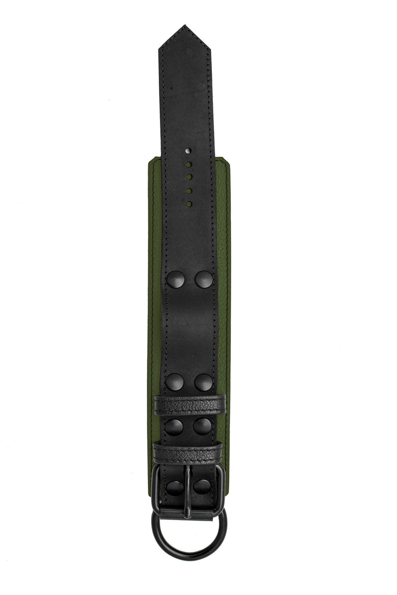 ARMY OF MEN 2.25" wide black and army green leather wrist restraint with black hardware, laid flat and captured from above.