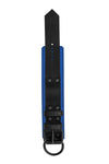 ARMY OF MEN 2.25" wide WRIST RESTRAINTS - Blue with matt black rivets, buckle, and D-ring, laid flat and viewed from above.
