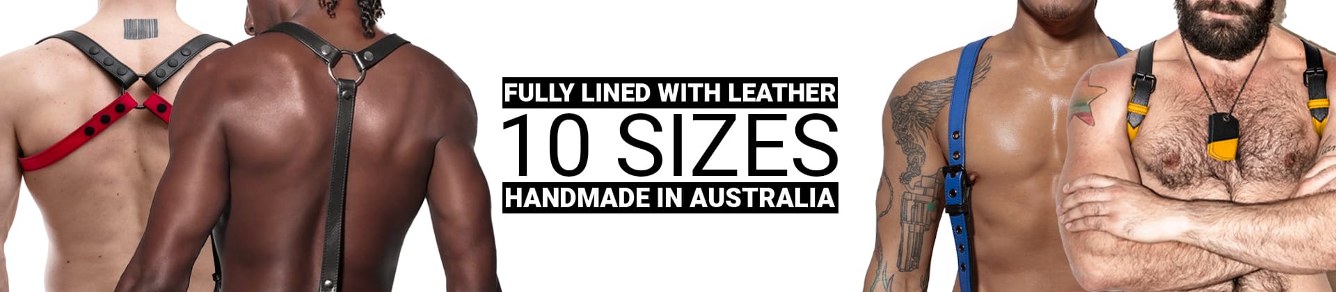 Shoulders banner image containing model pictures and text explaining that products are fully lined with leather, available in 10 sizes, and handmade in Australia.