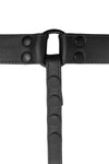 Product photo of a black leather thong. Back view.