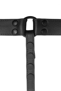 Product photo of a black leather thong. Back view.