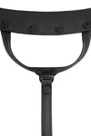 Product photo of a black leather thong. Front view.