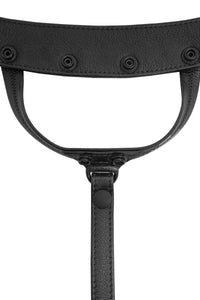 Product photo of a black leather thong. Front view.