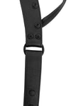 Product photo of a black leather thong. Side view.