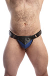 ARMY OF MEN unique CHEVRON THONG - Blue with matte black hardware styled on a male model, facing forward.