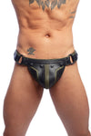 Front view of striking model in a handmade ARMY OF MEN COMBAT THONG - Army Green with matte black snaps.