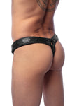 A defined model turned away in a handcrafted ARMY OF MEN black leather Combat thong with matte black snaps.