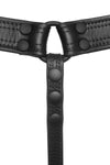 Back view of an ARMY OF MEN original black leather Combat thong with black rivets, snaps, and O-rings.