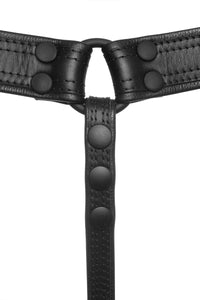 Back view of an ARMY OF MEN original black leather Combat thong with black rivets, snaps, and O-rings.