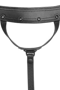 Front view of an Australian made ARMY OF MEN black leather Combat thong with matte black hardware.
