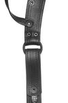 ARMY OF MEN leather lined black leather Combat thong with matte black hardware, laid flat and showing the lining leather.