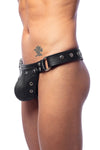 A defined model wearing a handcrafted ARMY OF MEN COMBAT THONG, made with stainless steel metal hardware, three-quarter view.