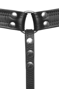 Back view of an ARMY OF MEN black leather Combat thong with stainless steel O-ring, snaps and rivets.