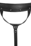 Front view of an Australian made ARMY OF MEN leather COMBAT THONG, with stainless steel hardware.