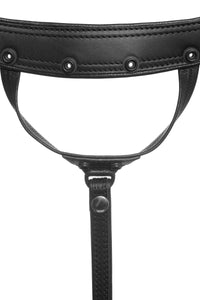 Front view of an Australian made ARMY OF MEN leather COMBAT THONG, with stainless steel hardware.