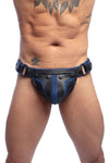 Front-on shot of male model in an original ARMY OF MEN black and blue leather thong with matte black metal hardware.