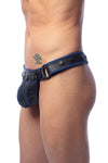 ARMY OF MEN handmade COMBAT THONG - Blue with matte black O-rings styled on a male model, seen in a side profile.