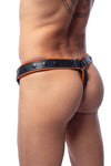 Rear view of male model in a handcrafted ARMY OF MEN COMBAT THONG - Orange with matte black hardware.
