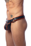 Partial side view of striking model wearing an ARMY OF MEN black and orange leather Combat thong with matte black O-rings.