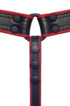 View of the back of a leather lined ARMY OF MEN COMBAT THONG - Red with matte black rivets, snaps, and O-rings.