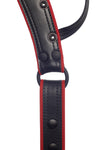 Overhead view of a handmade ARMY OF MEN COMBAT THONG - Red with matte black rivets, snaps, and O-rings.