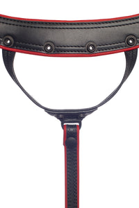 Front view of an ARMY OF MEN handcrafted black and red leather Combat thong with matte black hardware.