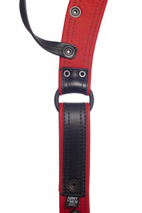 ARMY OF MEN handcrafted black and red leather Combat thong with matte black hardware, laid flat and revealing the lining.