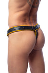 A toned model in an unique ARMY OF MEN COMBAT THONG - Yellow with matte black rivets, snaps, and O-rings, back view.