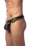 Male model in three-quarter pose wearing an original ARMY OF MEN black and yellow leather Combat thong with black snaps.