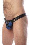 Model wearing a black leather thong with a blue harness codpiece. Matt black hardware. Side view.