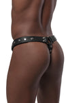 A Black model turned away wearing a distinctive black leather Leather thong with stainless steel snaps, rivets, and O-rings.
