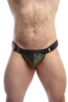 Model wearing a black leather thong with an army green shadow codpiece. Matt black hardware. Front view.